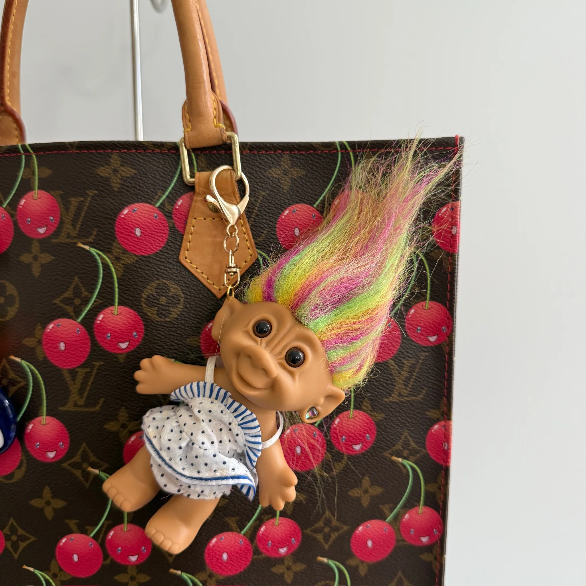 4" Vintage Troll Doll Bag Charm: Rainbow Hair Blue and White Polka Dot Dress Troll - Image 3