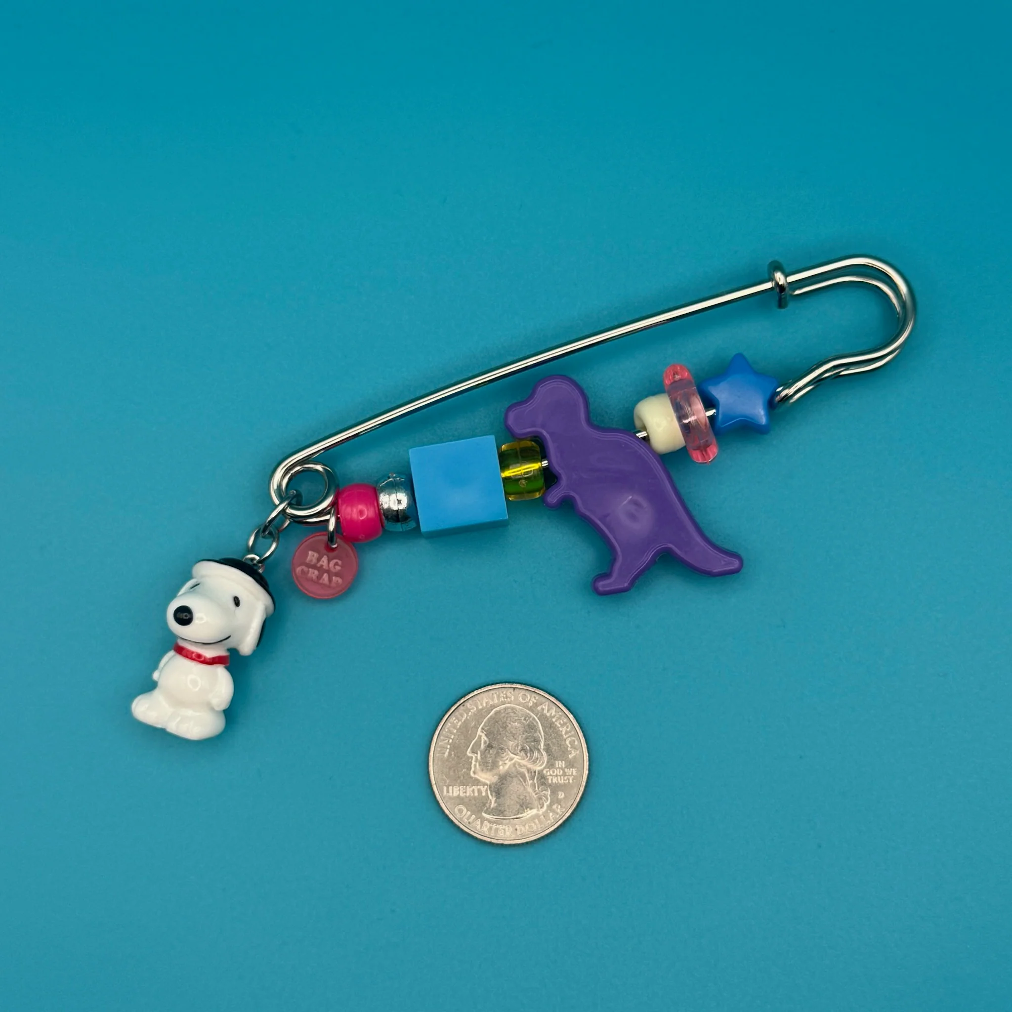Beaded Snoopy + Dinosaur Safety Pin Bag Charm - Image 3