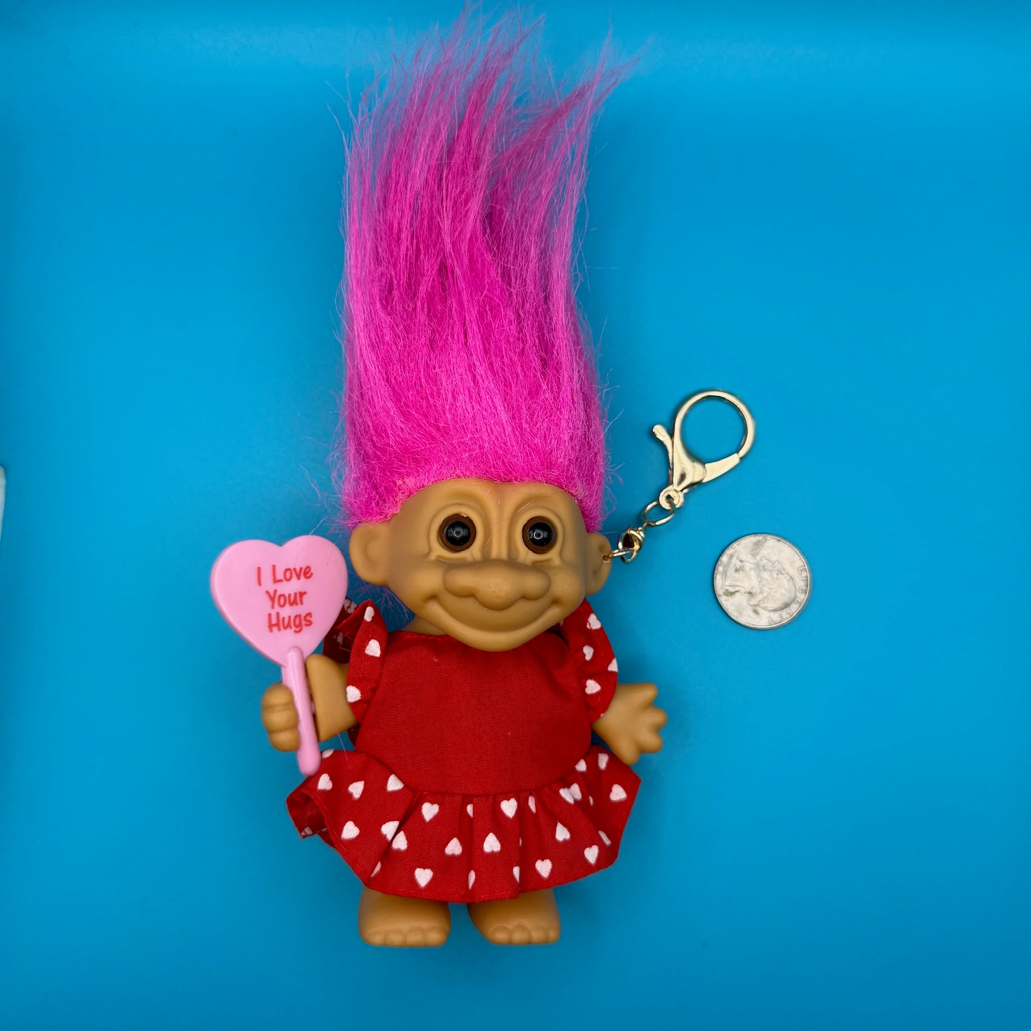 6" Vintage Troll Doll Bag Charm: Pink Hair Polka Dot “I LOVE YOU”